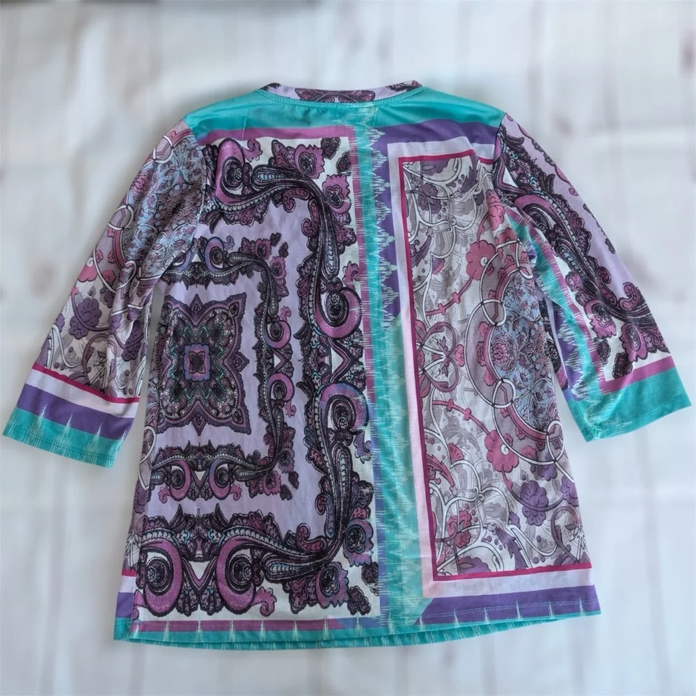Women’s Size XL Knit Top Paisley Embellished Scoop Purple 3/4 Sleeve Kiara - Picture 4 of 11
